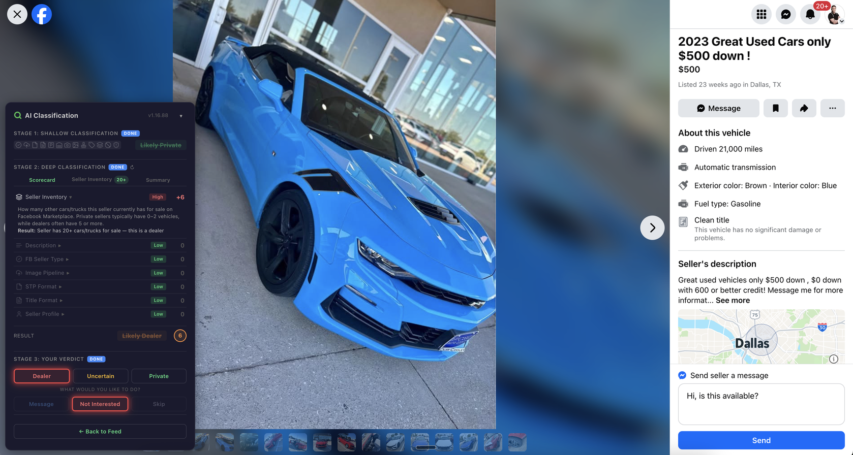 DealerScout.ai deep classification panel detecting a dealer listing