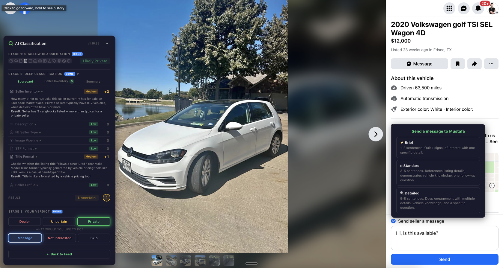 DealerScout.ai verifying a private seller with scorecard and message template